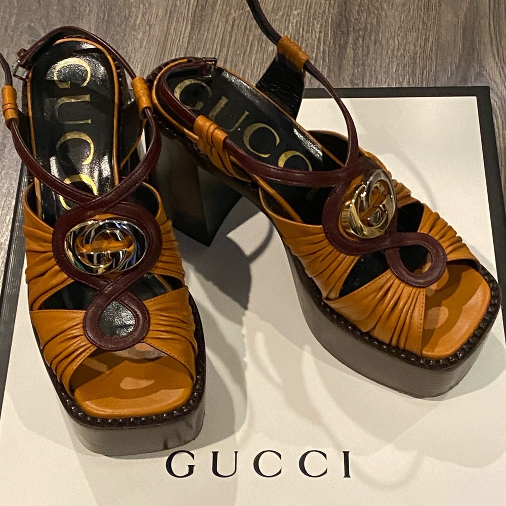 GUCCI Napa Charlotte Brown Platform Sandals 5.5